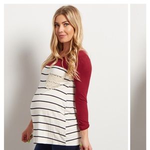 Elbow length burgundy red striped shirt